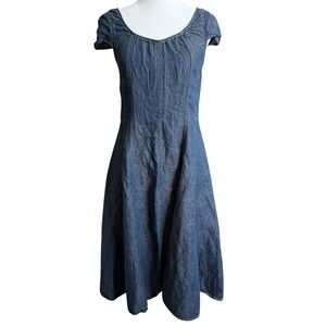 Y2K 100% Linen Denim Cap Sleeve Fit Flare Dress S/M Lagenlook Romantic Talbots